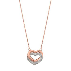9kt Rose Gold Silver Infused Twin Hearts Necklace with Crystals 45cm