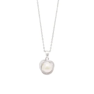 45cm Freshwater Pearl and Cubic Zirconia Halo Swirl Necklace in Sterling Silver