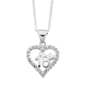 45cm Cubic Zirconia 18th Birthday Heart Pendant Necklace in Sterling Silver
