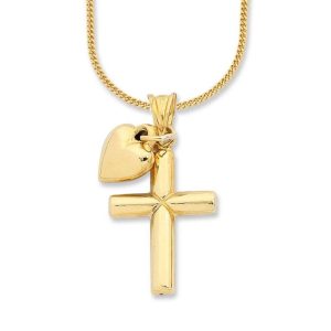 45cm Cross and Heart Pendant Necklace in 9kt Yellow Bonded Gold