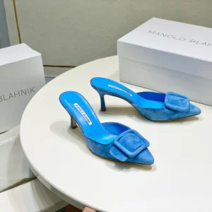 Manolo Mules 7cm Blue Suede Leather Bottom 451192