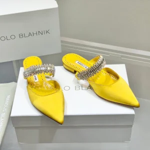 Manolo Flats Mules Diamond Buckle Yellow Silk Satin 327483