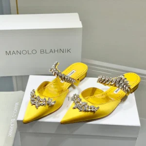 Manolo Flats Mules Crystal Yellow Silk Satin 327472