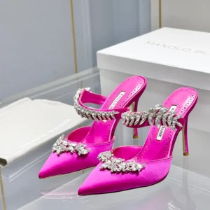 Manolo Mules Crystal Dark Pink Silk Satin 219382
