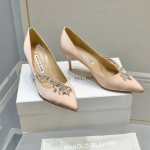 Manolo Wheat Ear Rhinestone High Heels Pumps Pink Nude Silk Fabric 327451