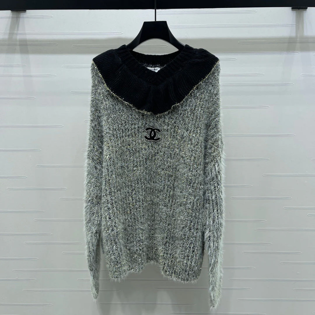 Chanel 2025 Ruffled Collar Shimmering Sweater Gray Black Polyester Wool 319566