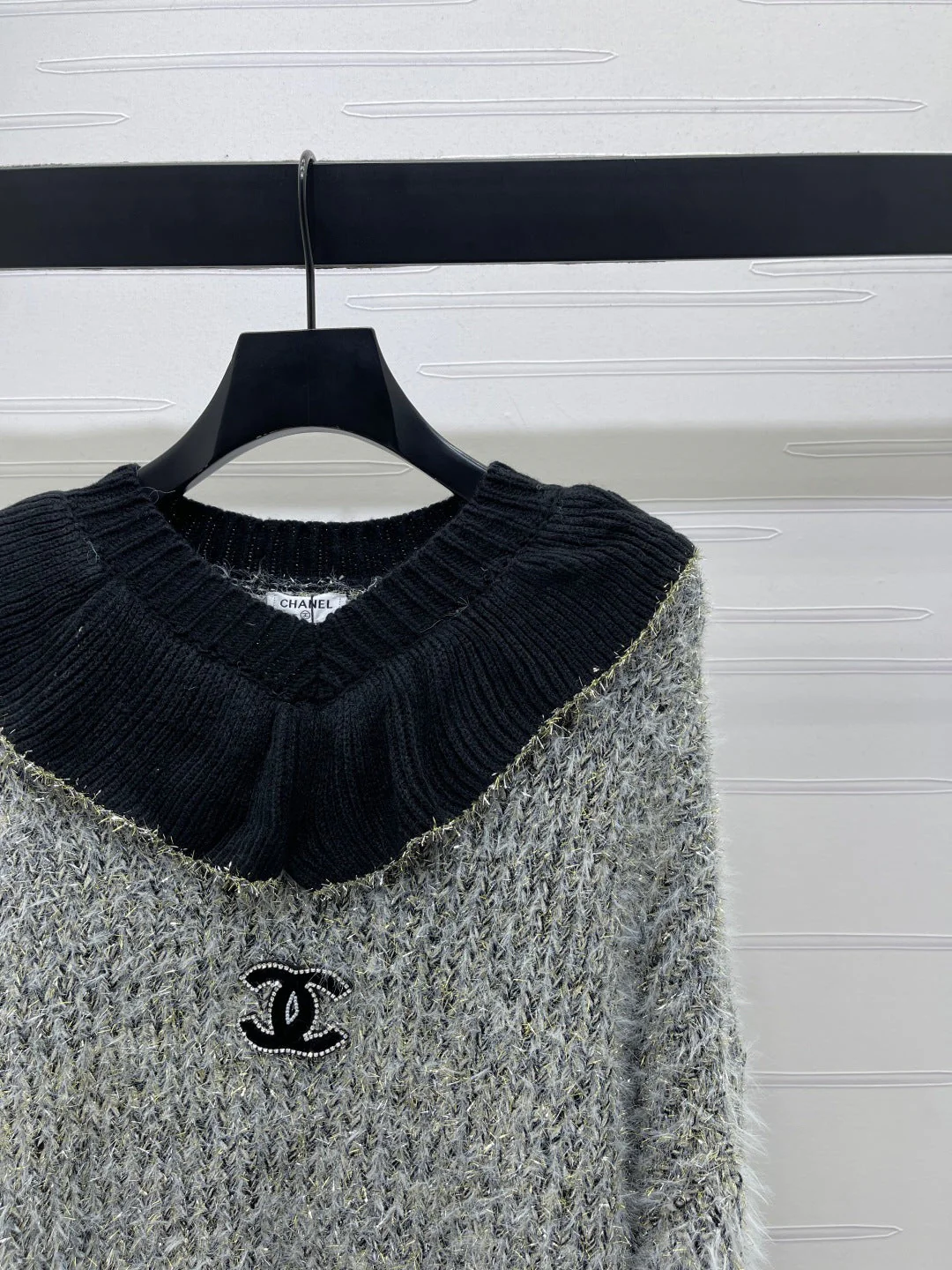 Chanel 2025 Ruffled Collar Shimmering Sweater Gray Black Polyester Wool 319566 - Image 3