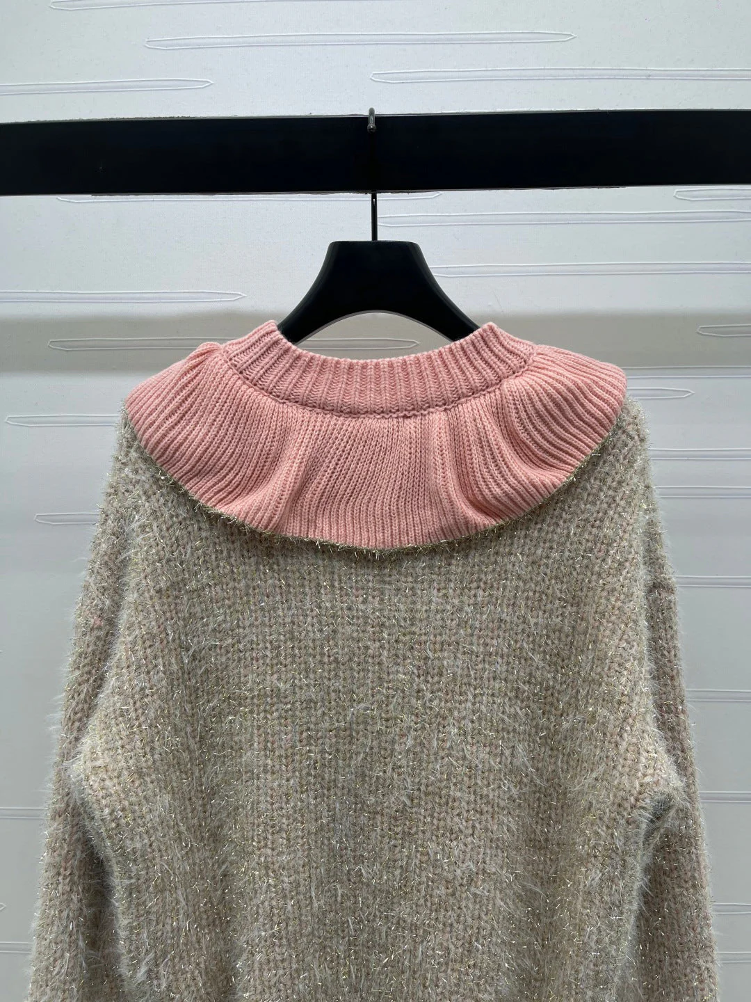 Chanel 2025 Ruffled Collar Shimmering Sweater Beige Pink Polyester Wool 319565 - Image 6