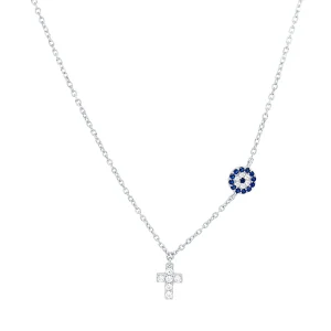 45cm Cross and Evil Eye Cubic Zirconia Necklace in Sterling Silver