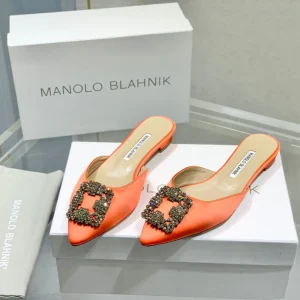 Manolo Buckle Flast Mules Orange Silk 327520