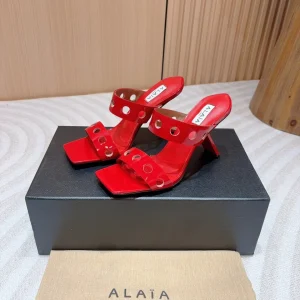 ALAIA TWO-STRAPS HIGH HEEL SANDALS IN CHERRY RED PATENT LAMBSKIN