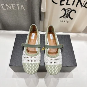 ALAIA MARY JANE FLATS soft green and white woven calfskin pattent