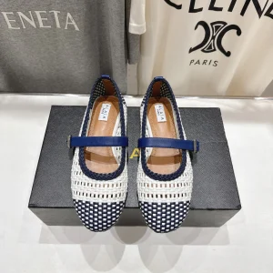 ALAIA MARY JANE FLATS white mix navy blue woven calfskin pattent