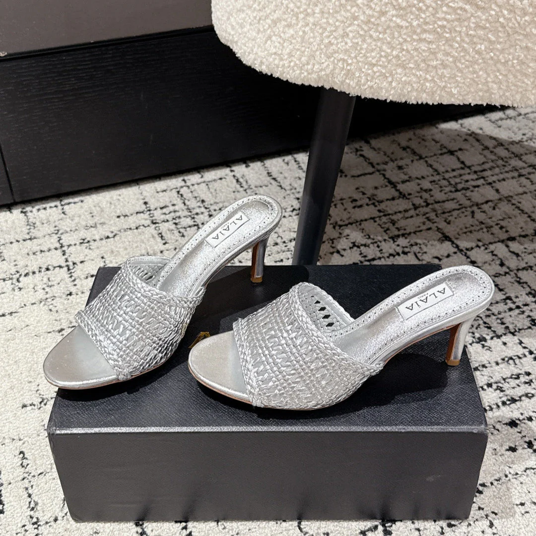 ALAIA  Muller high-heeled metallic sliver woven leather