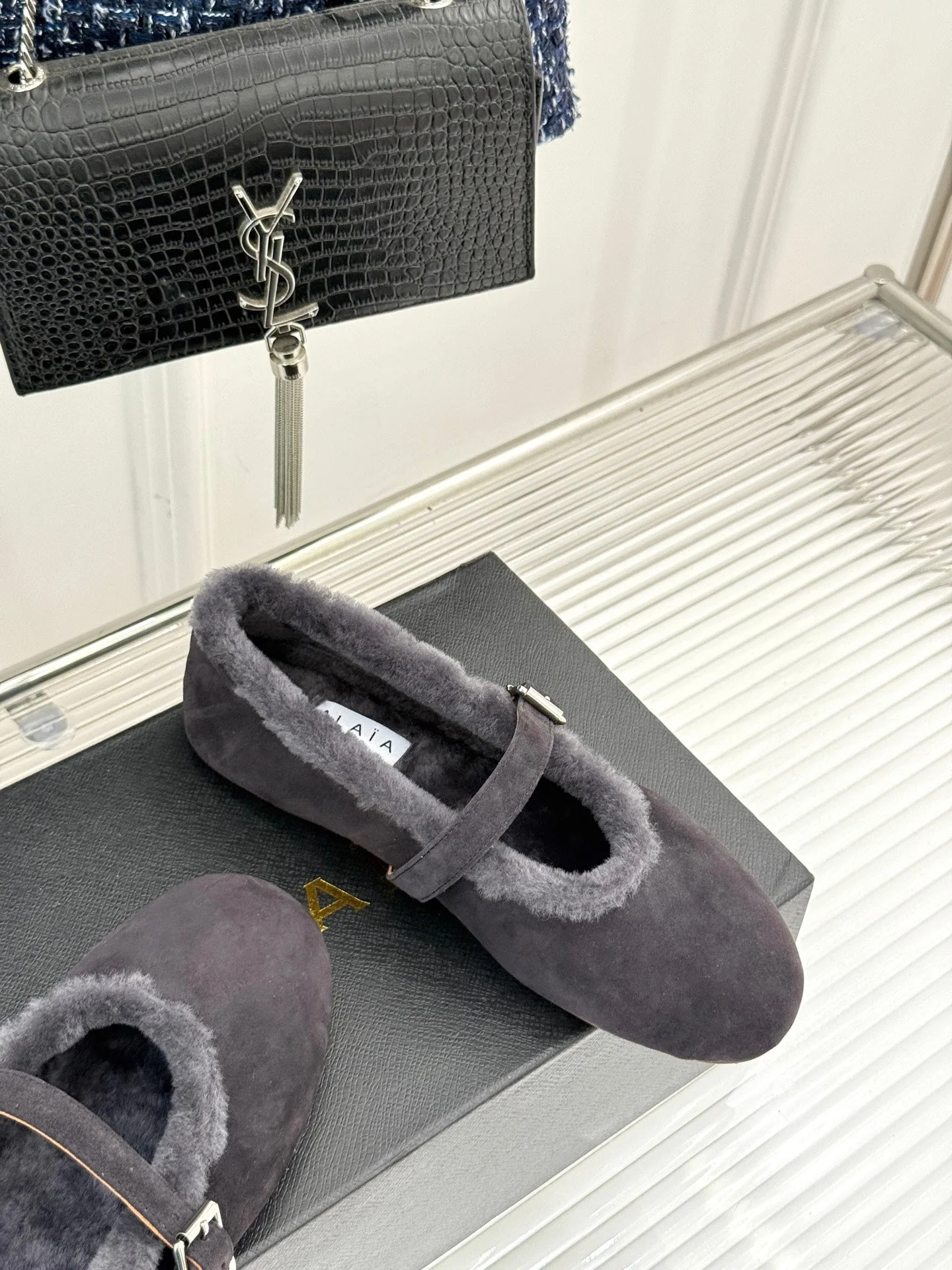 Alaia 25WF Mary Jane charcoal grey suede wool 472222 - Image 7