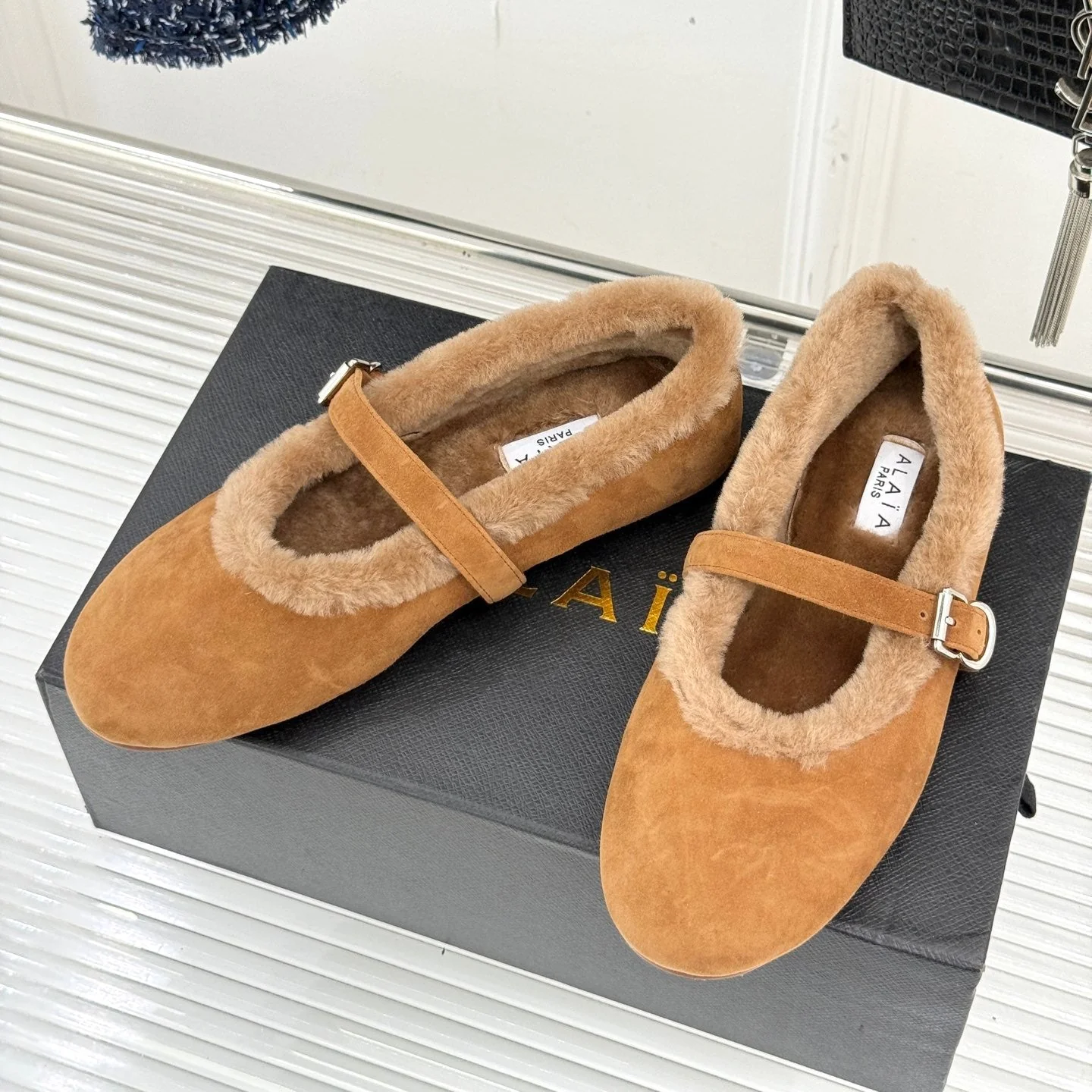 Alaia 25WF Mary Jane caramel brown suede wool 472223