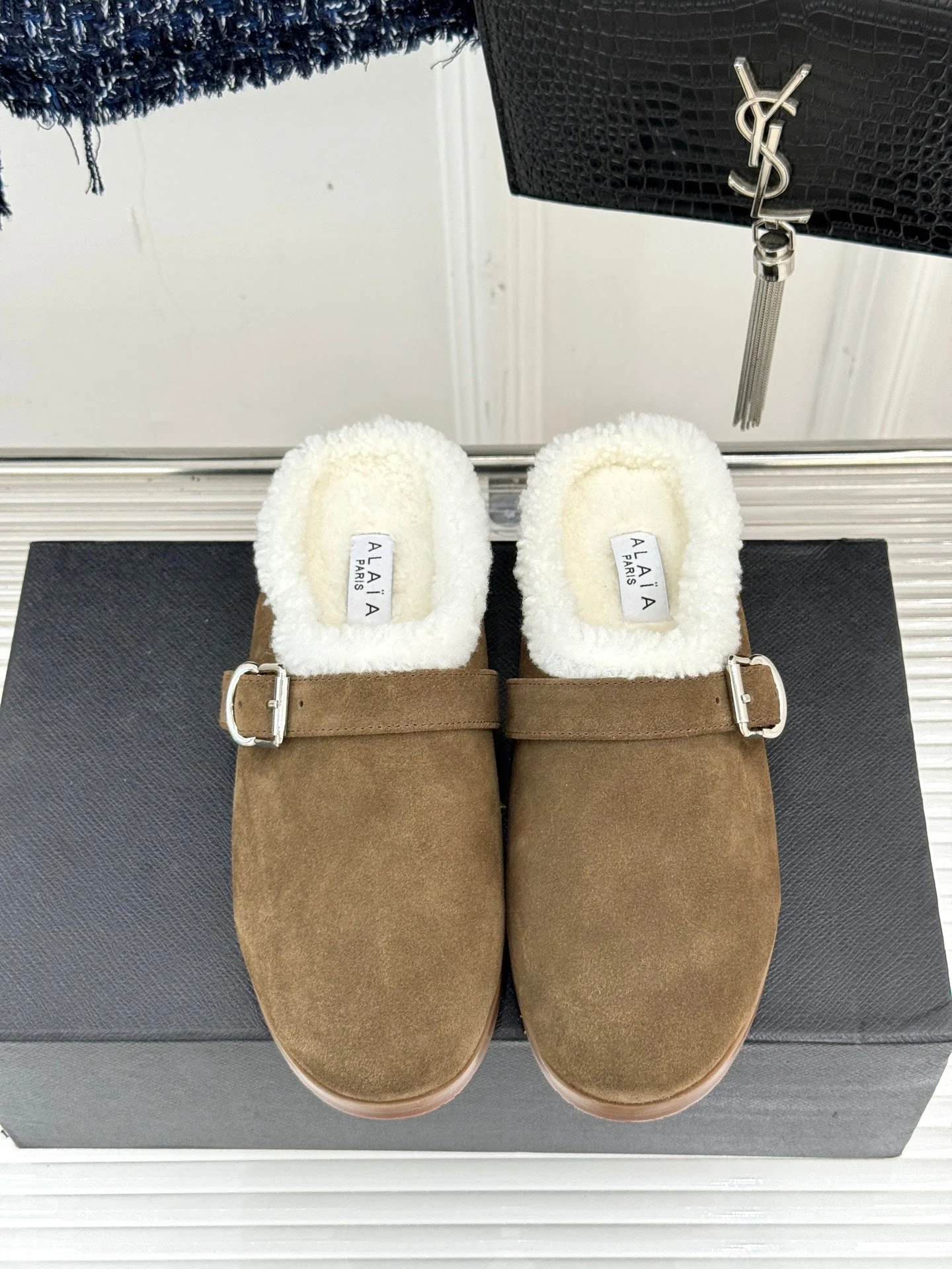 Alaia 25WF slippers belt buckle khaki brown suede wool 472227 - Image 8