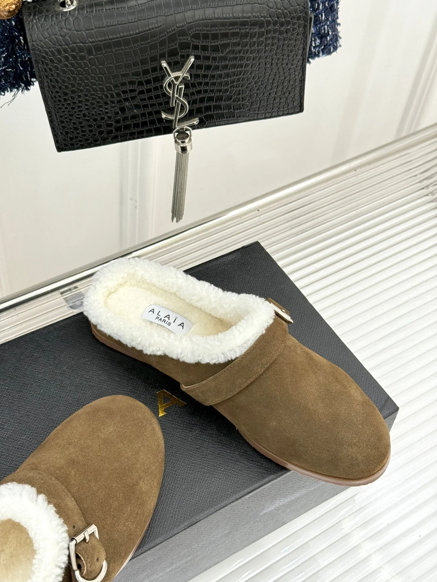 Alaia 25WF slippers belt buckle khaki brown suede wool 472227 - Image 5