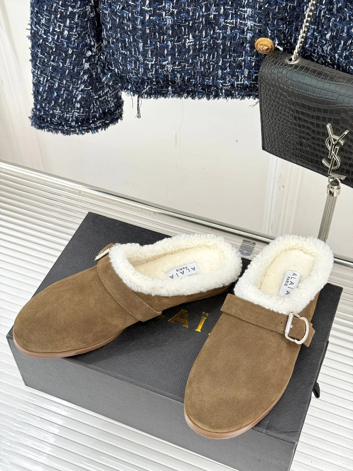 Alaia 25WF slippers belt buckle khaki brown suede wool 472227 - Image 7