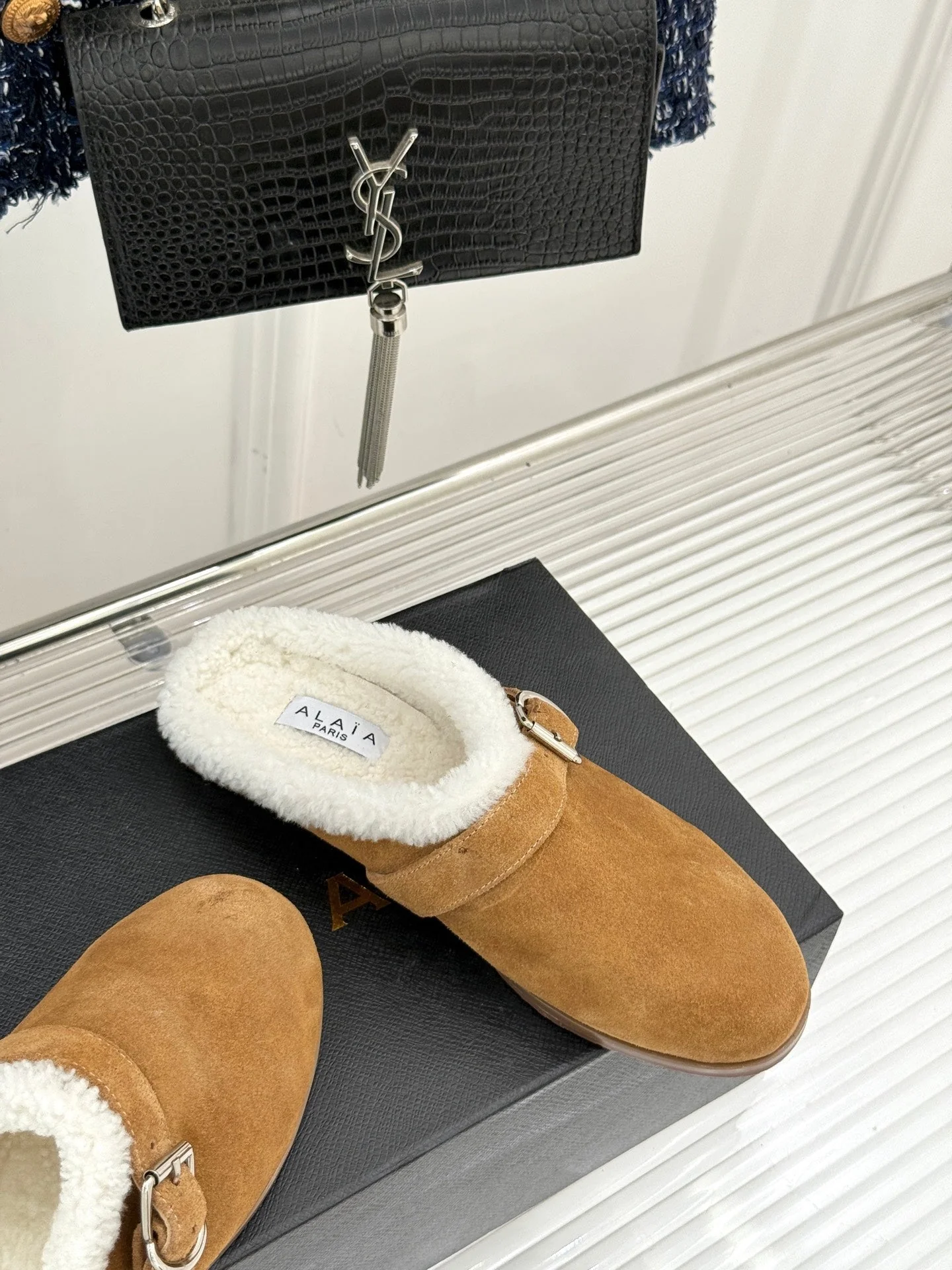 Alaia 25WF slippers belt buckle caramel brown suede wool 472229 - Image 2