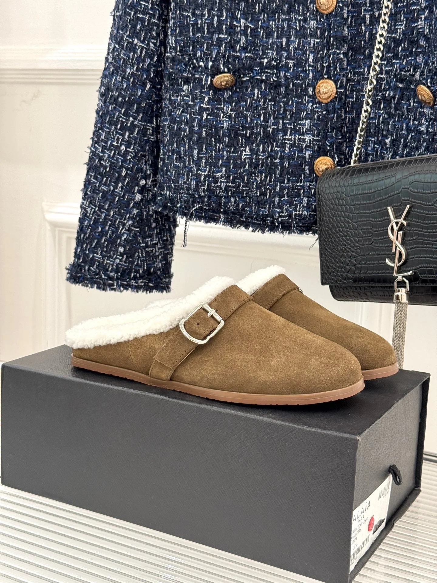 Alaia 25WF slippers belt buckle khaki brown suede wool 472227 - Image 9