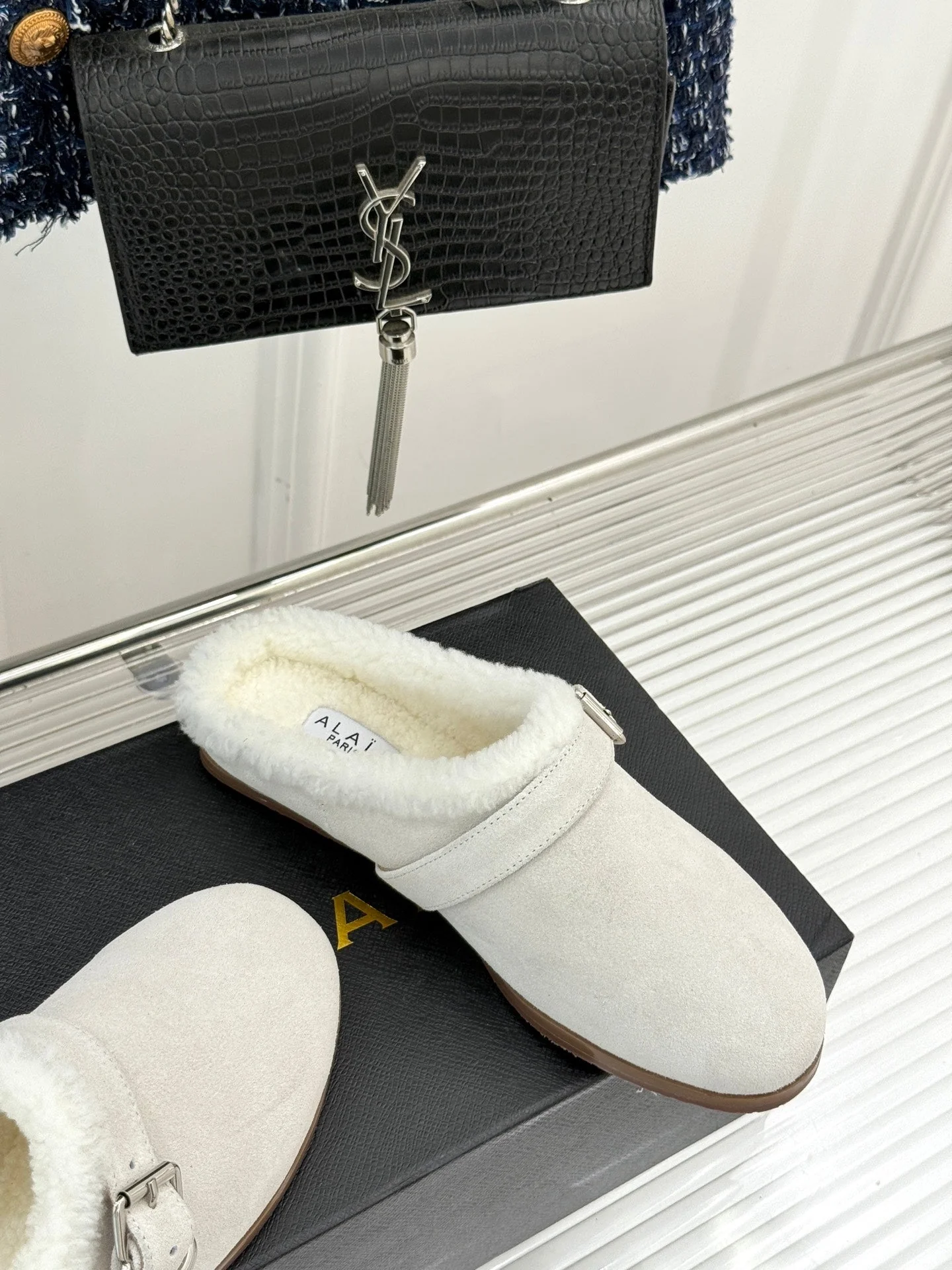 Alaia 25WF slippers belt buckle white suede wool 472228 - Image 5