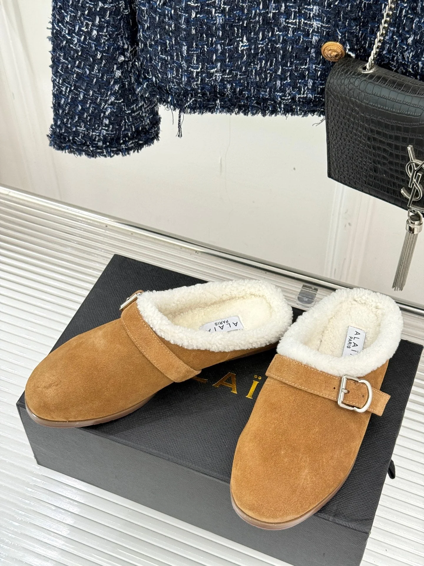 Alaia 25WF slippers belt buckle caramel brown suede wool 472229 - Image 8