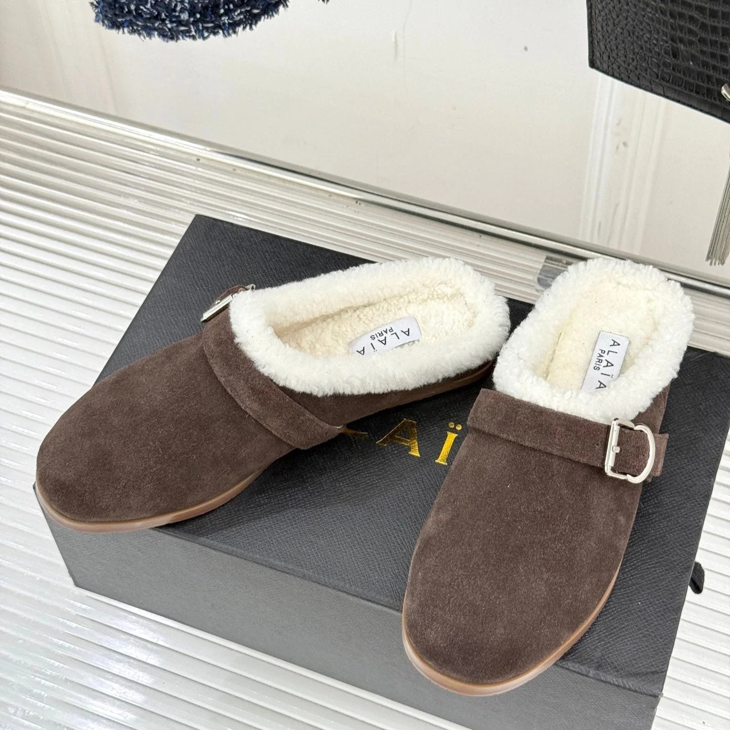 Alaia 25WF slippers belt buckle chocolate brown suede wool 472231