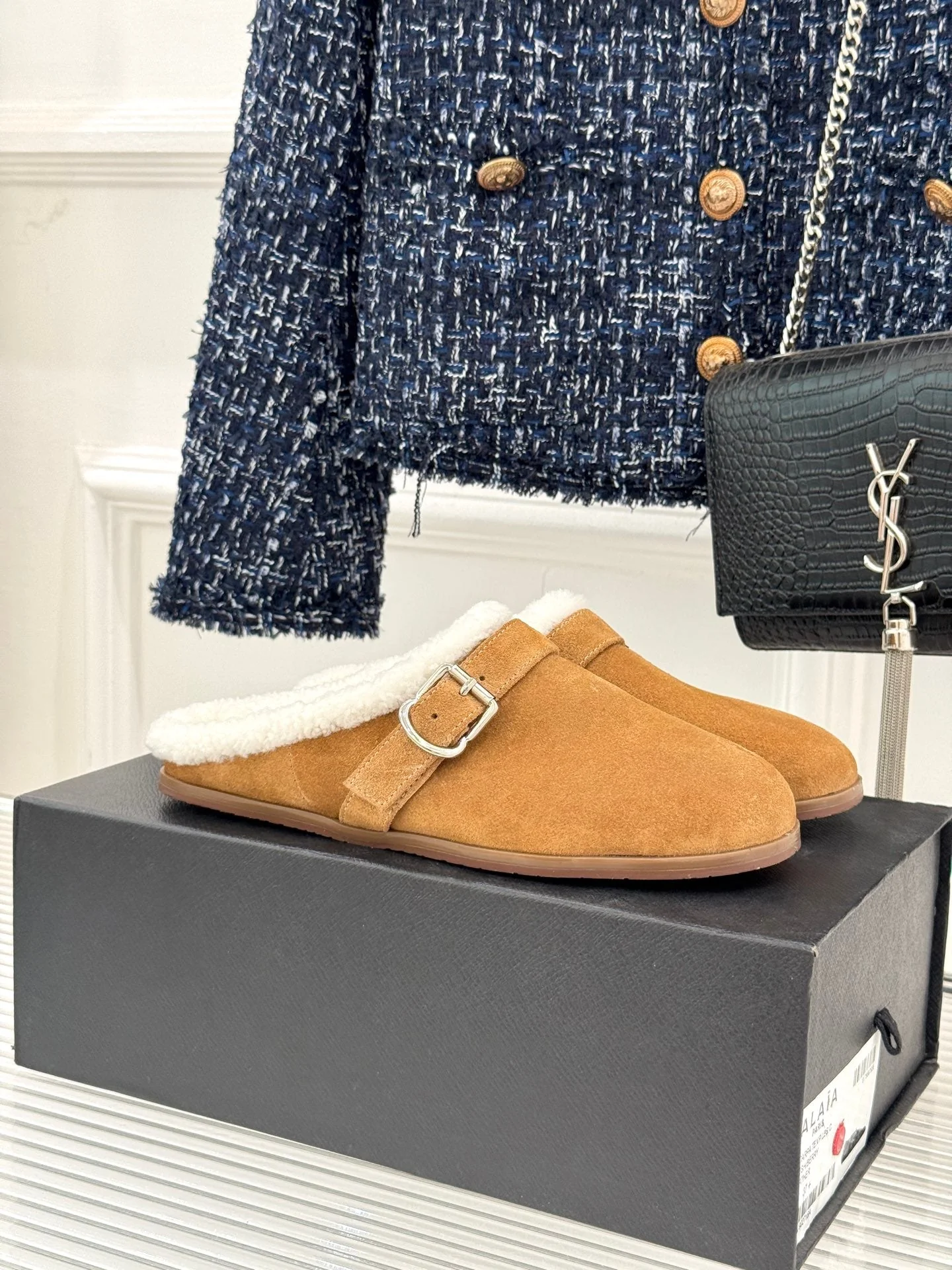 Alaia 25WF slippers belt buckle caramel brown suede wool 472229 - Image 9