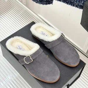Alaia 25WF slippers belt buckle charcoal grey suede wool 472230