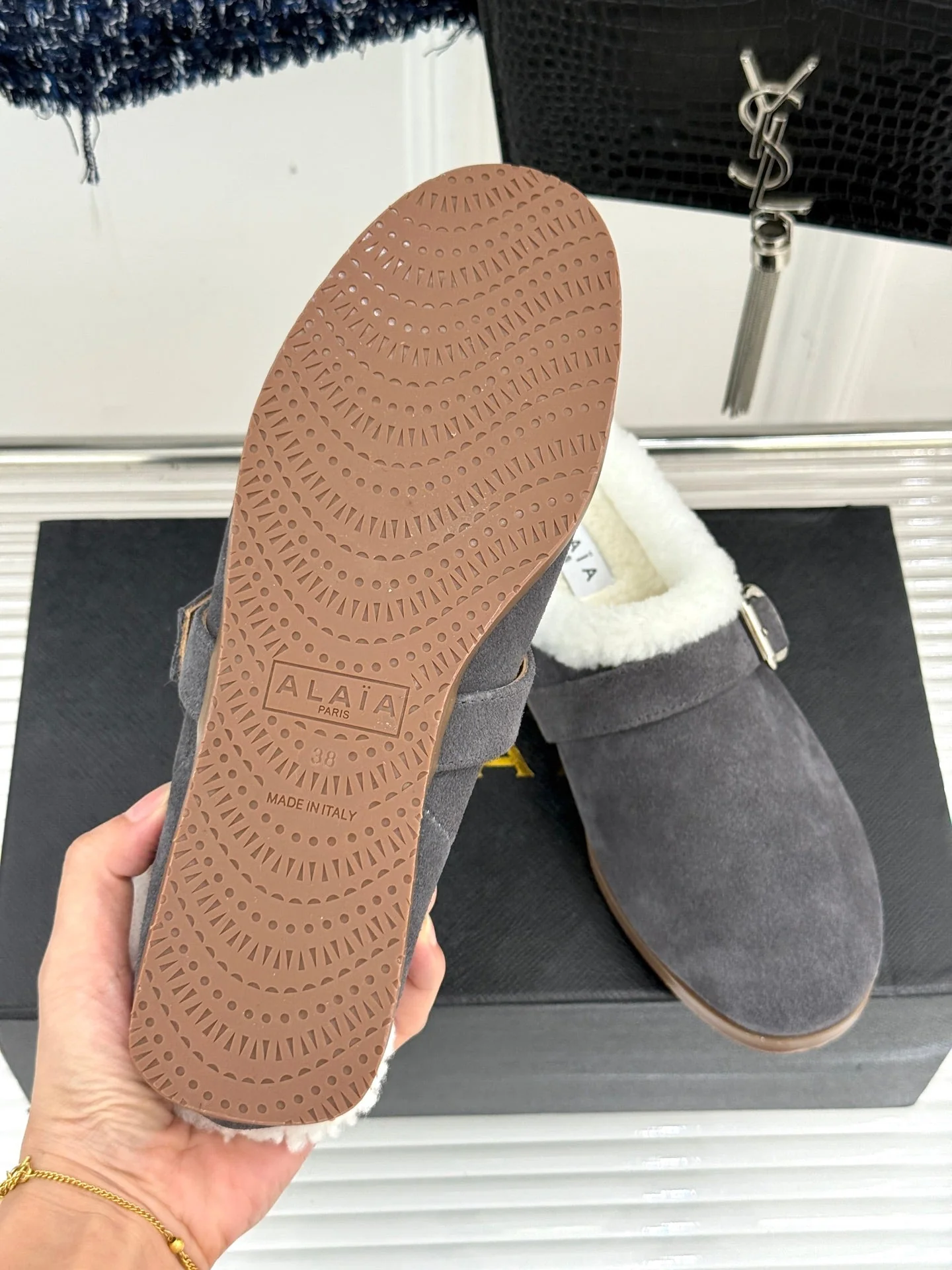 Alaia 25WF slippers belt buckle charcoal grey suede wool 472230 - Image 3