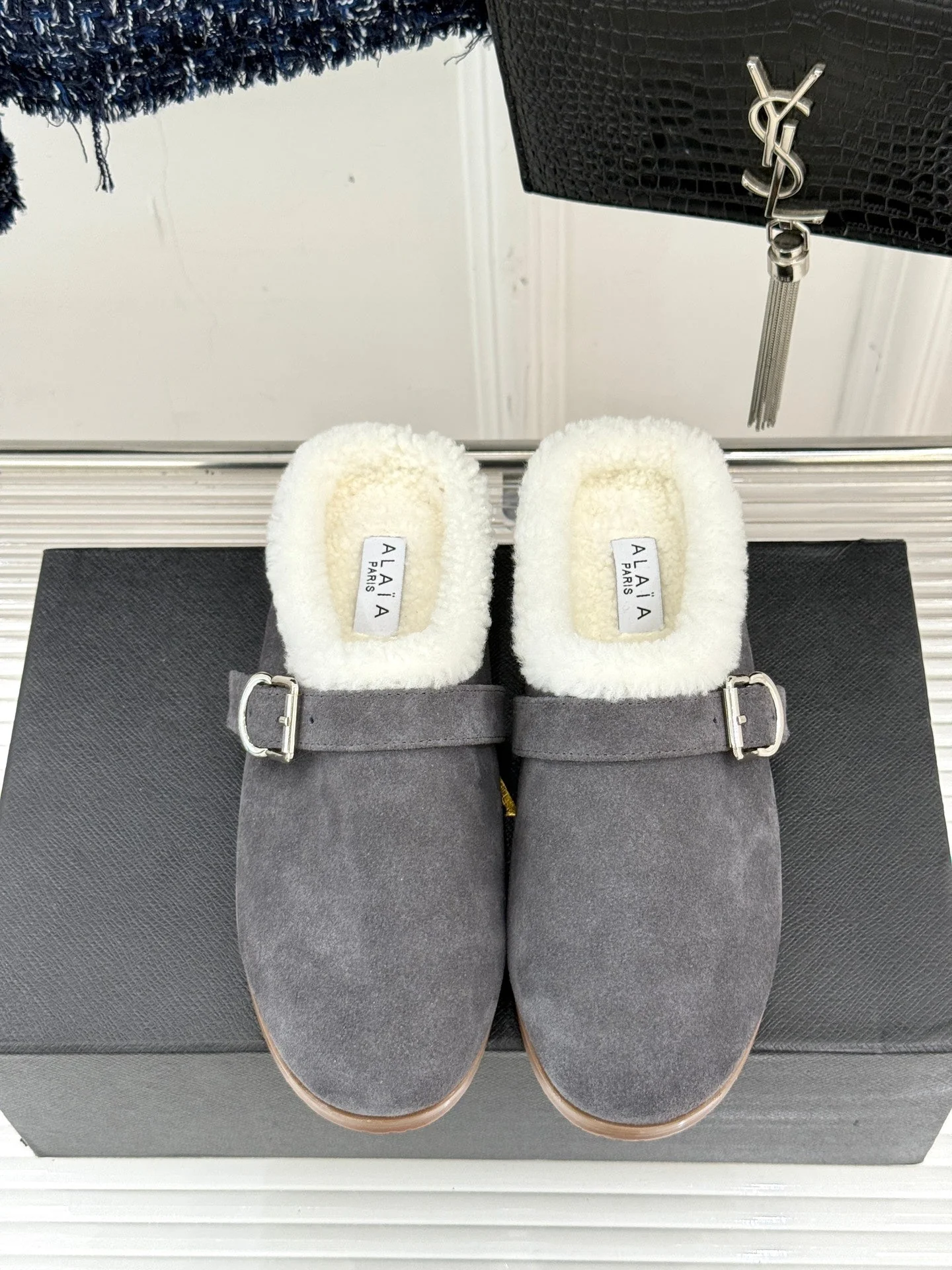 Alaia 25WF slippers belt buckle charcoal grey suede wool 472230 - Image 6