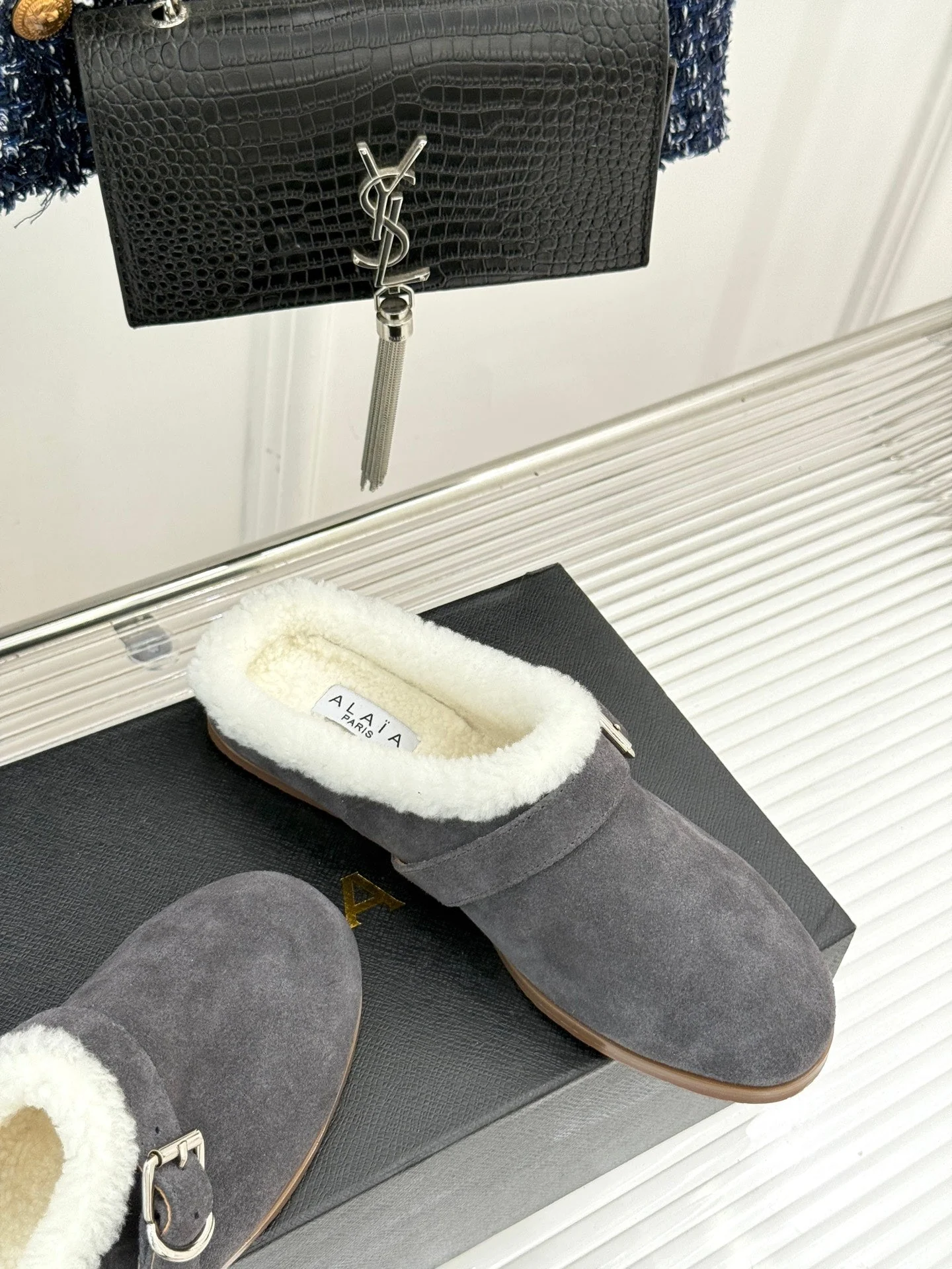 Alaia 25WF slippers belt buckle charcoal grey suede wool 472230 - Image 7