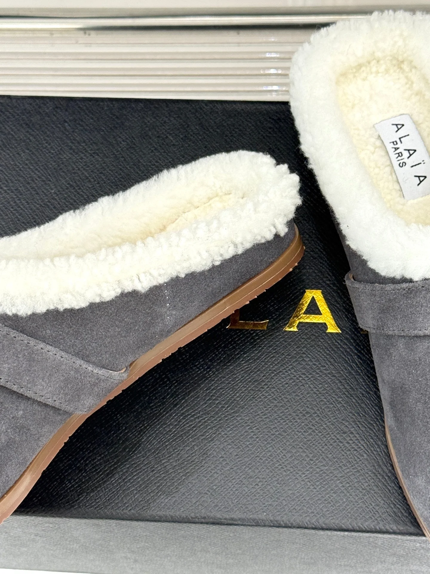 Alaia 25WF slippers belt buckle charcoal grey suede wool 472230 - Image 8