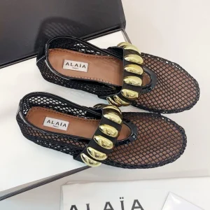 Alaia 25 Mary Jane Mesh Ballet Flats Black Gold Calfskin