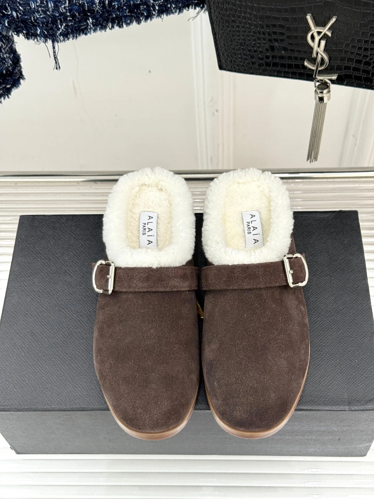 Alaia 25WF slippers belt buckle chocolate brown suede wool 472231 - Image 5