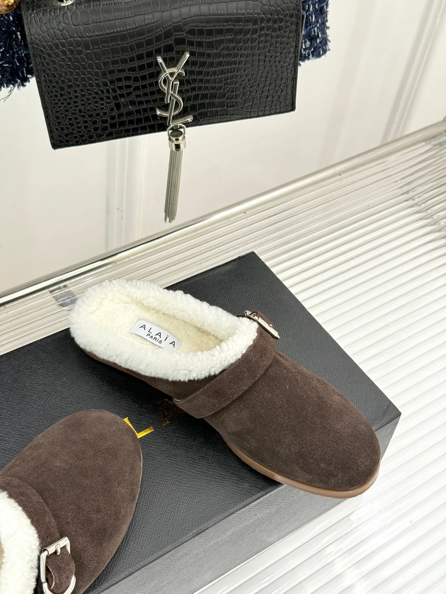 Alaia 25WF slippers belt buckle chocolate brown suede wool 472231 - Image 4
