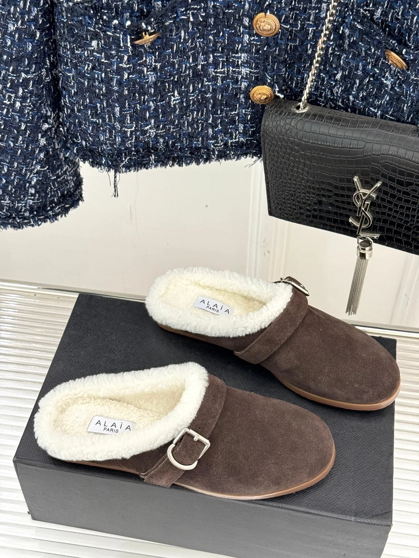 Alaia 25WF slippers belt buckle chocolate brown suede wool 472231 - Image 6