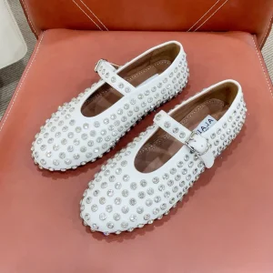 ALAIA MARY JANE SHOES IN WHITE LAMBKIN ATTACH RHINSTONES