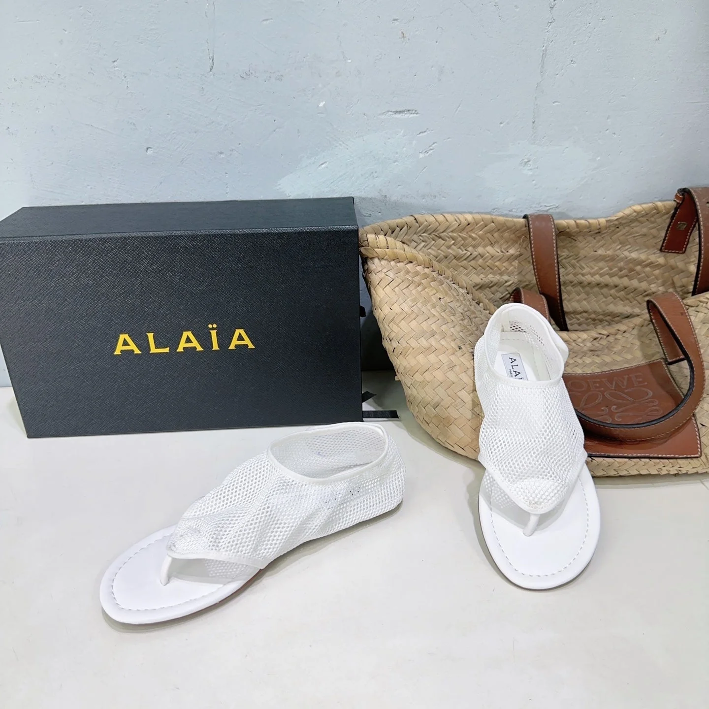 Alaia 25 Thong Sandals White Fishnet Sheepskin 315964 - Image 2