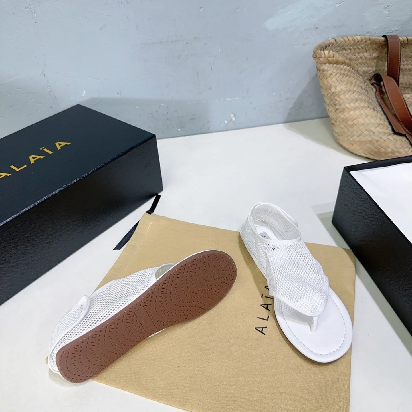 Alaia 25 Thong Sandals White Fishnet Sheepskin 315964 - Image 6