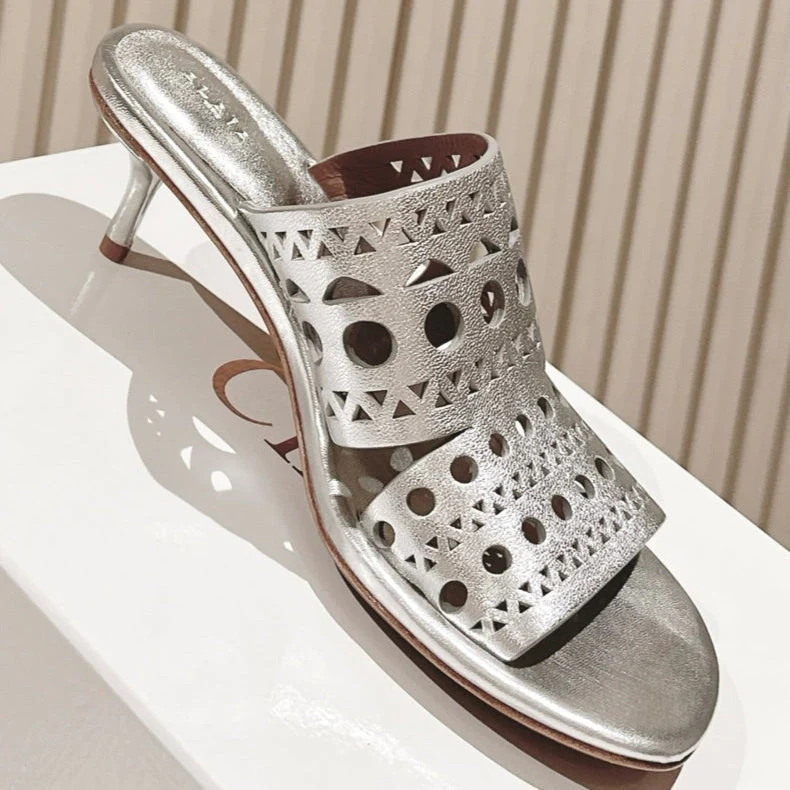 Alaia 2025 Vienne Cutout Kitten-Heel Slide Sandals Silver Leather 293647