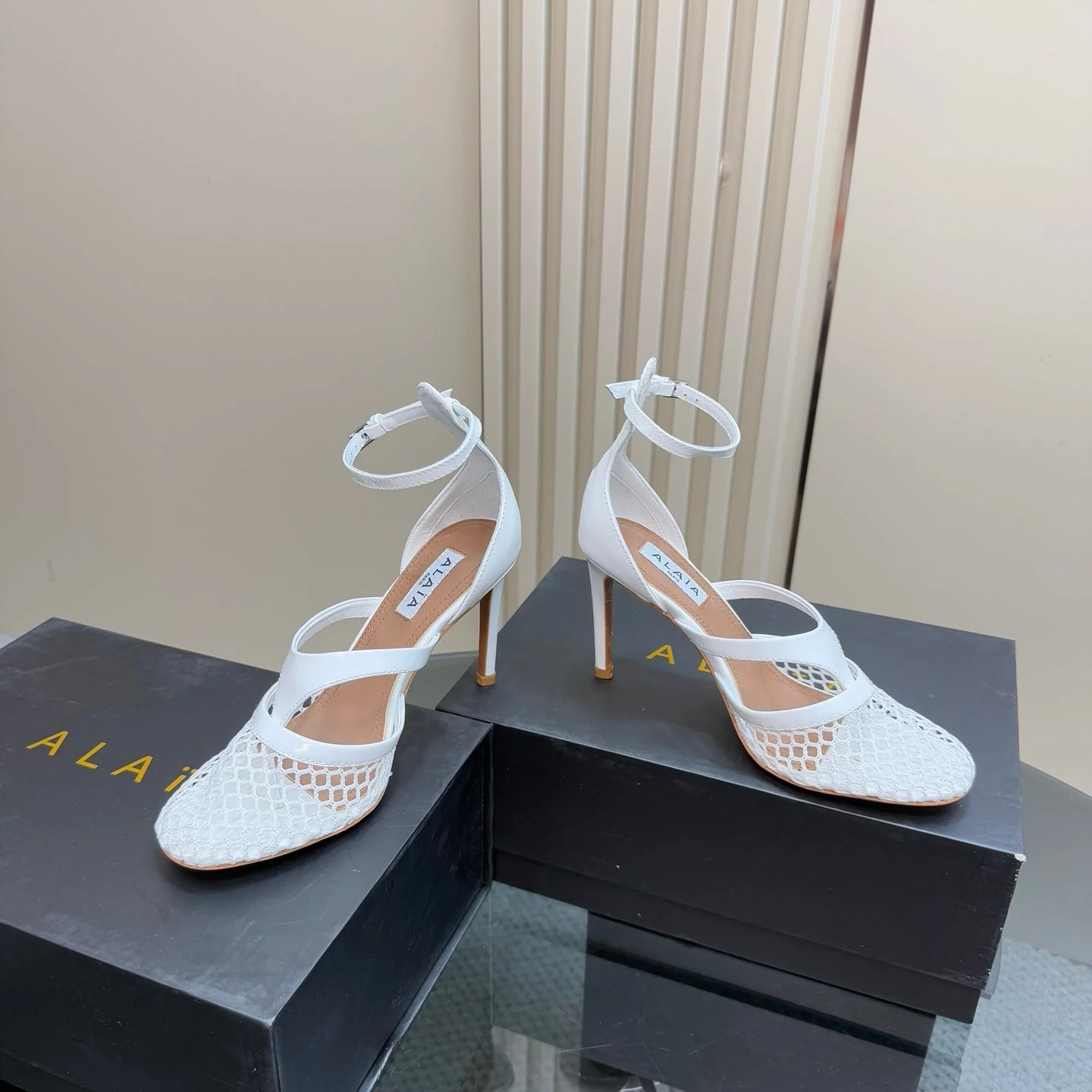 Alaia Fishnet Thong Heels Sandals White Lambskin 299659 - Image 2