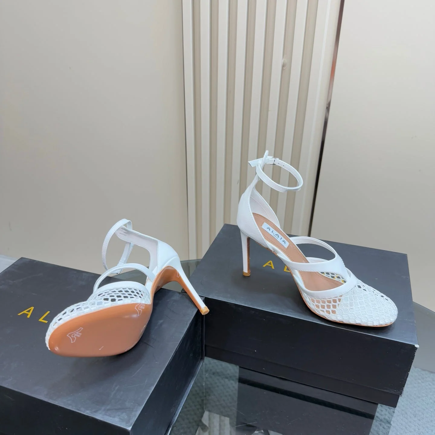 Alaia Fishnet Thong Heels Sandals White Lambskin 299659 - Image 5