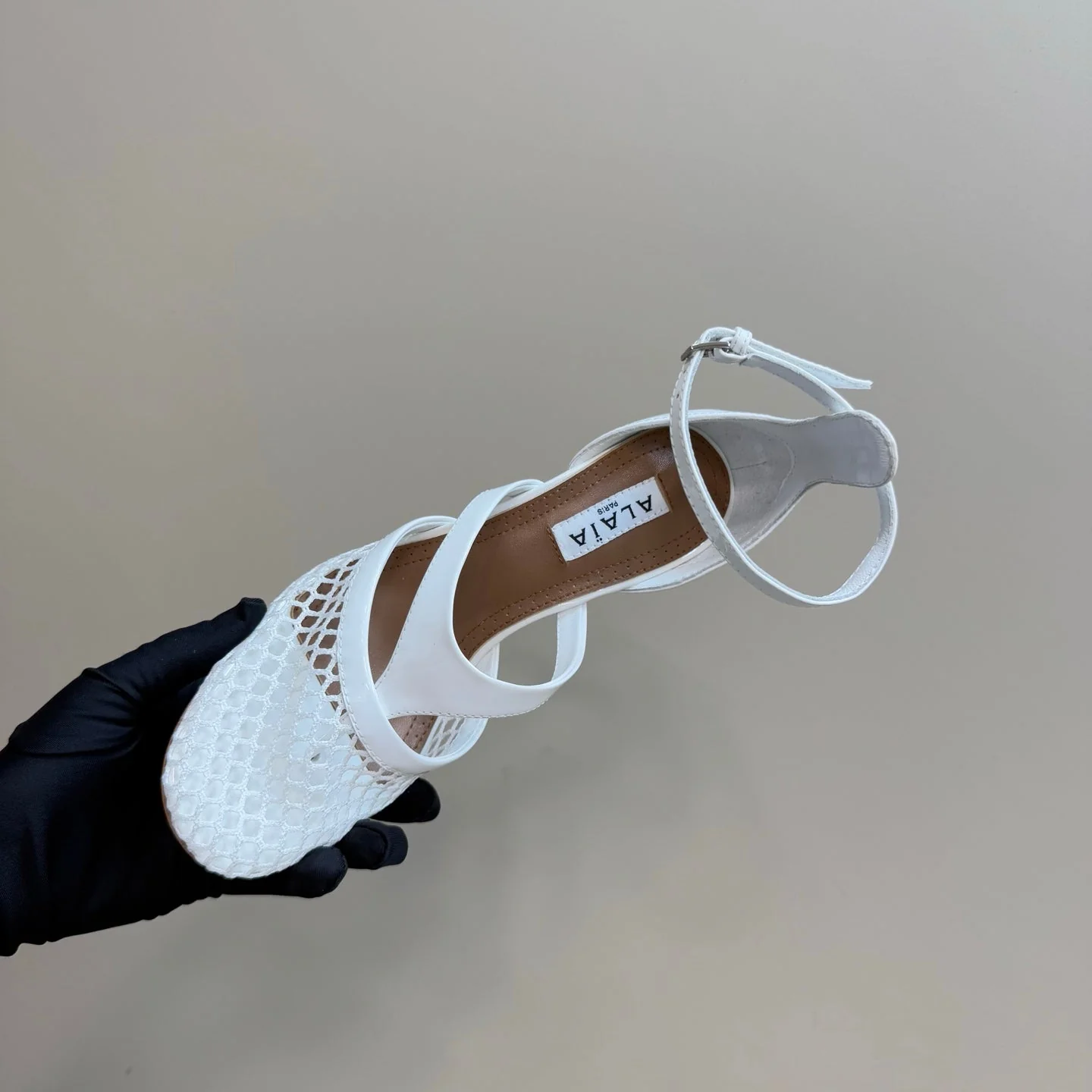 Alaia Fishnet Thong Heels Sandals White Lambskin 299659 - Image 4