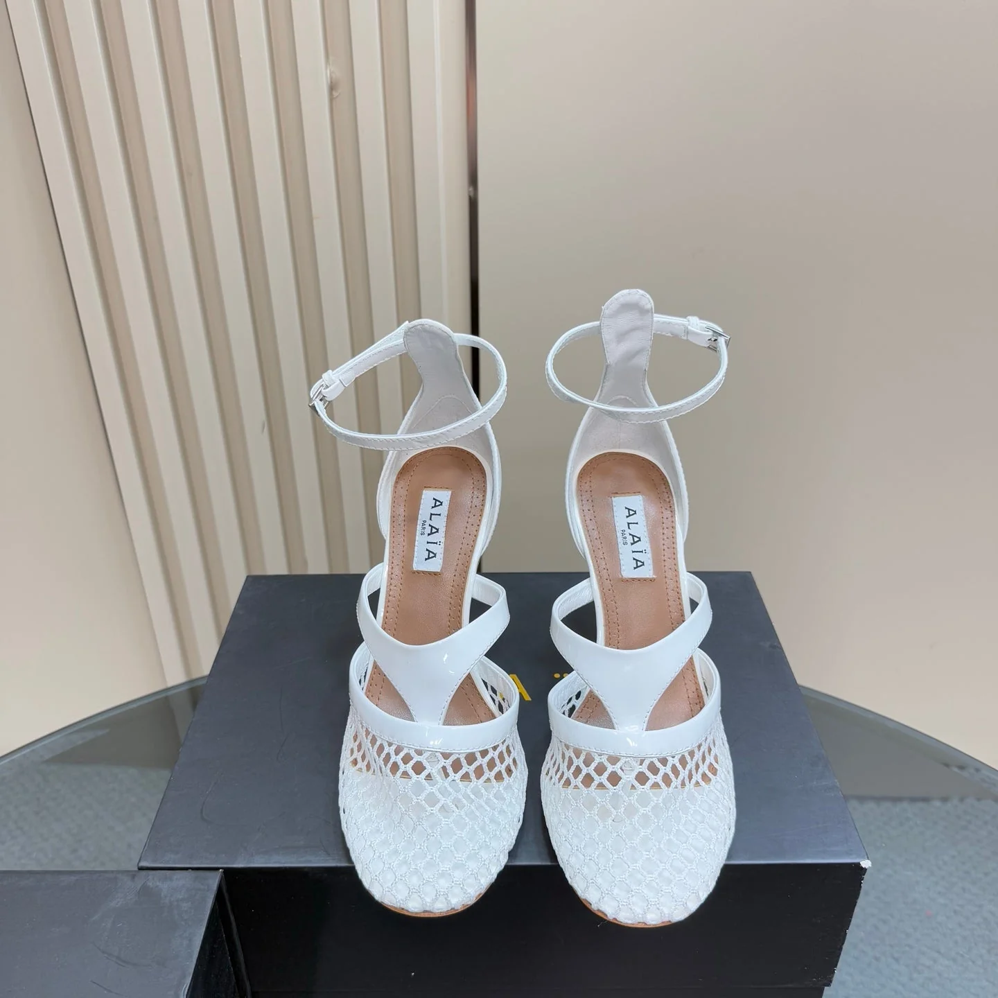 Alaia Fishnet Thong Heels Sandals White Lambskin 299659 - Image 3