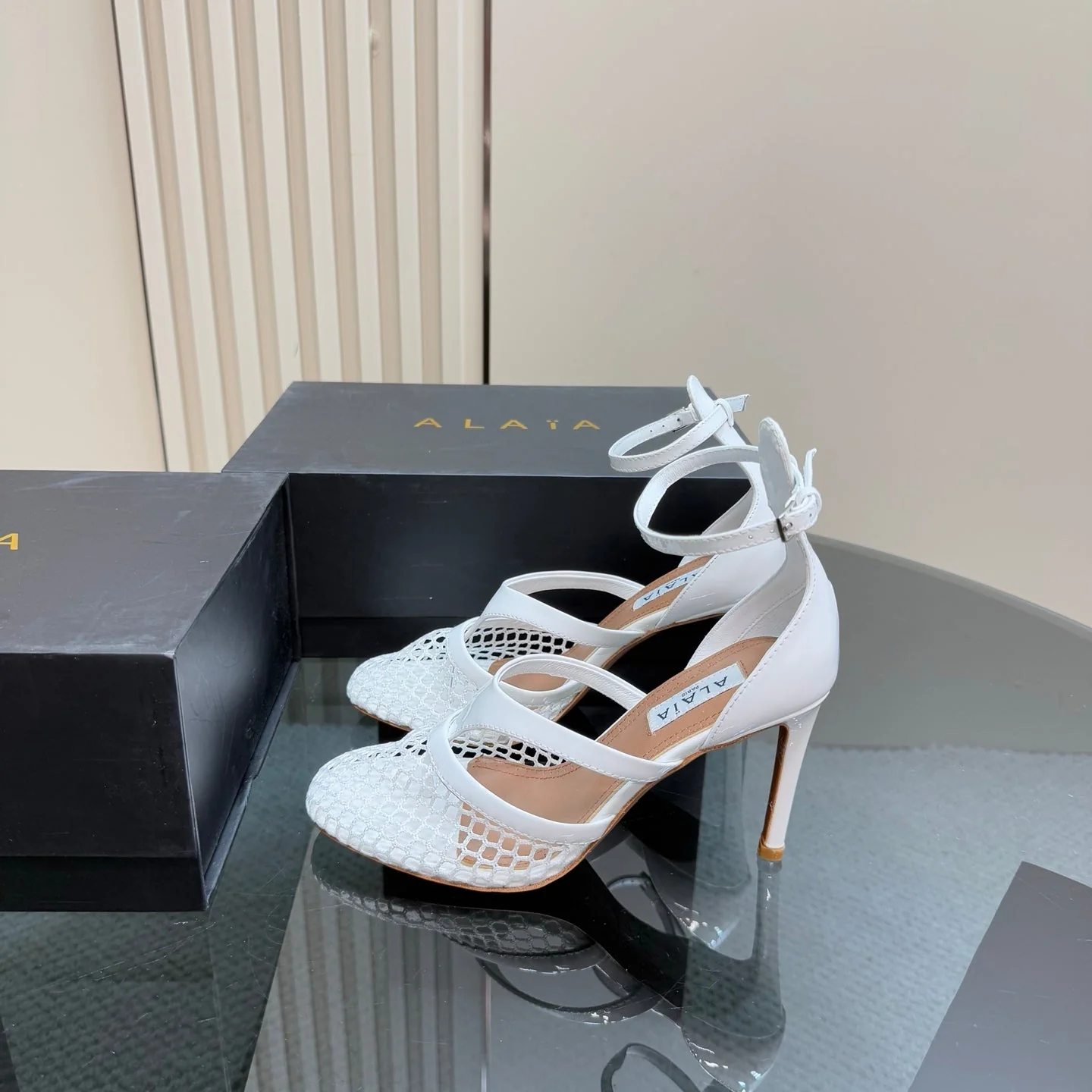 Alaia Fishnet Thong Heels Sandals White Lambskin 299659 - Image 8