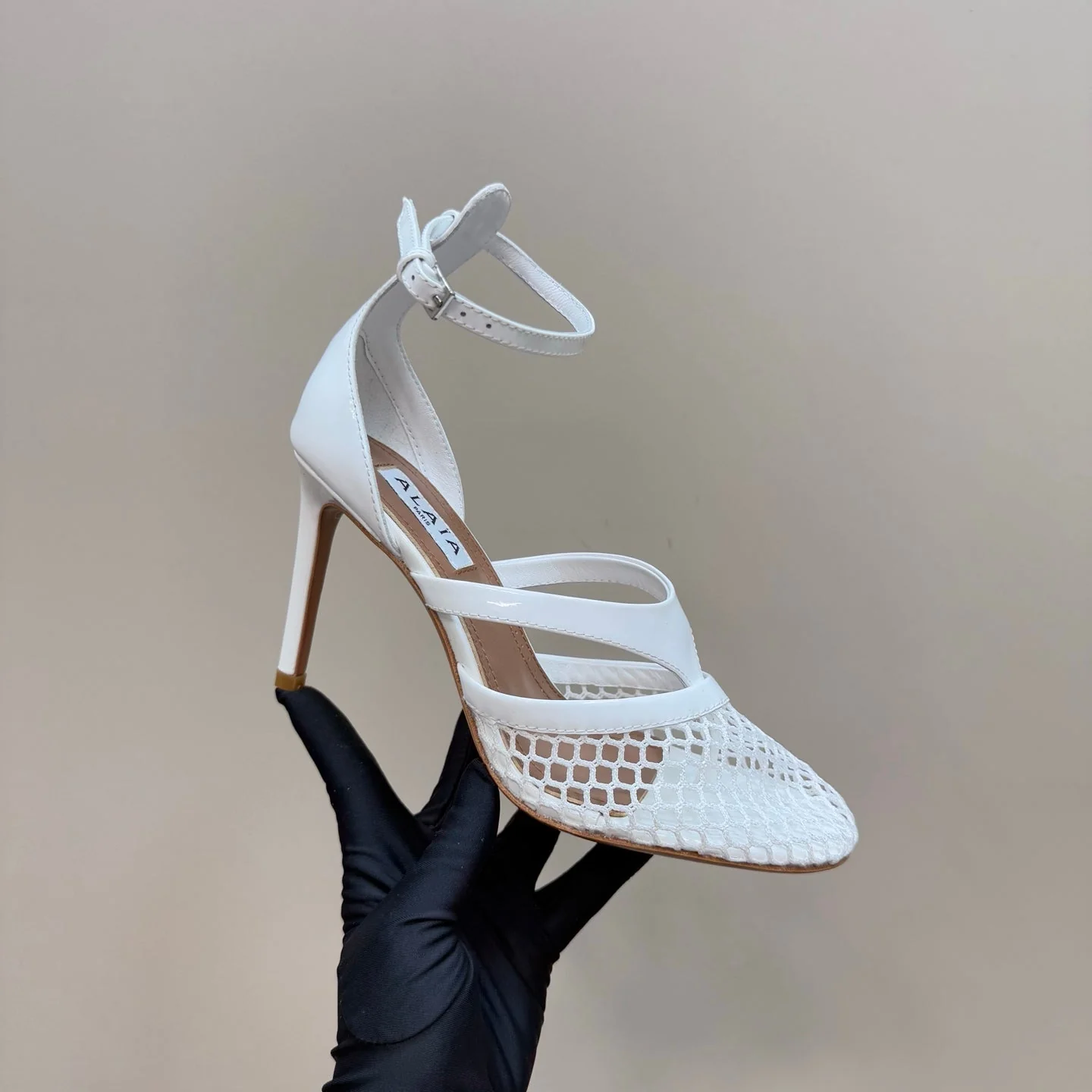 Alaia Fishnet Thong Heels Sandals White Lambskin 299659 - Image 7