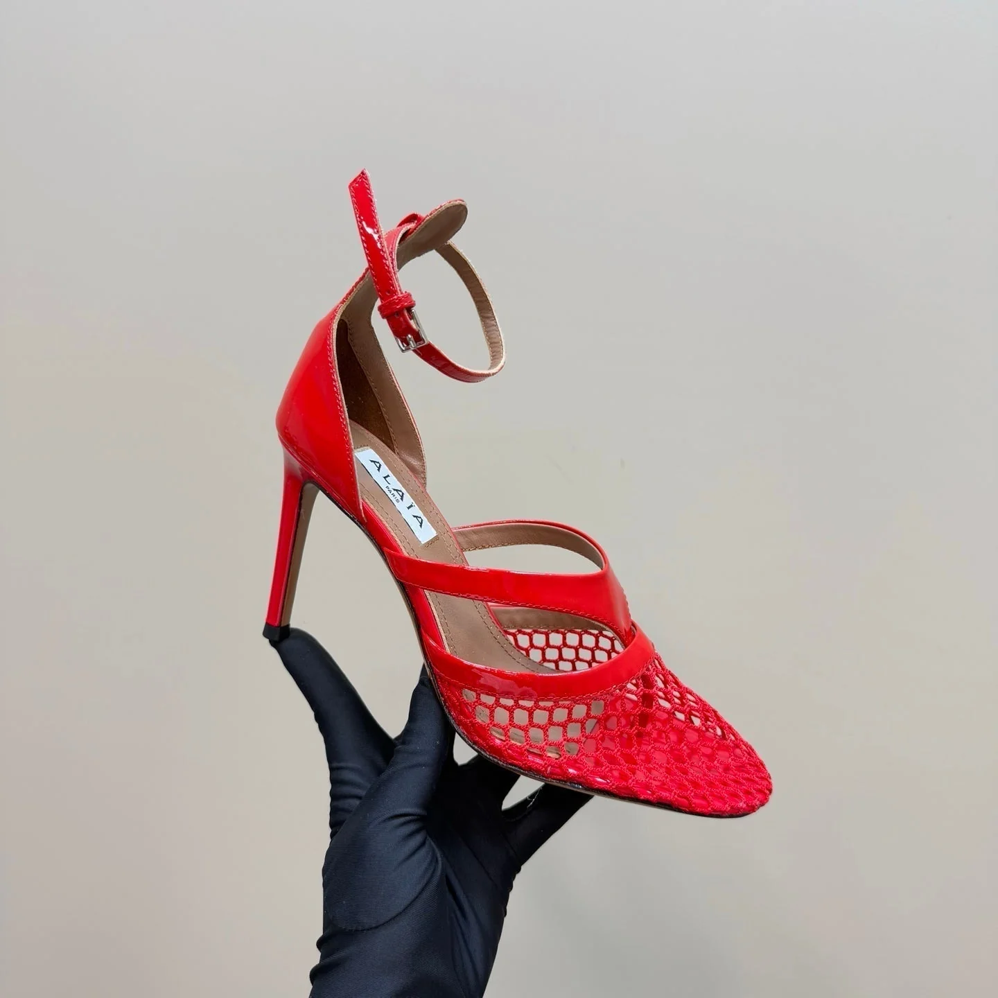 Alaia Fishnet Thong Heels Sandals Red Lambskin 299660 - Image 5