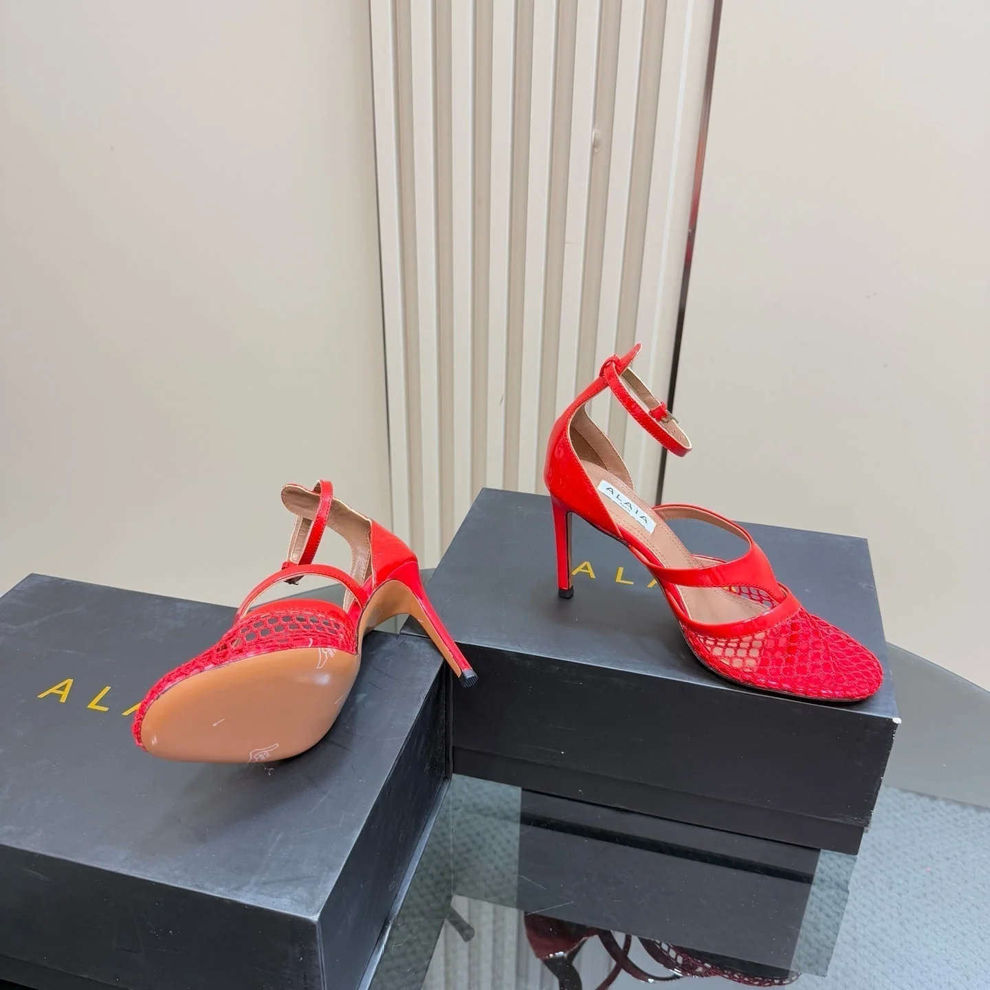 Alaia Fishnet Thong Heels Sandals Red Lambskin 299660 - Image 6